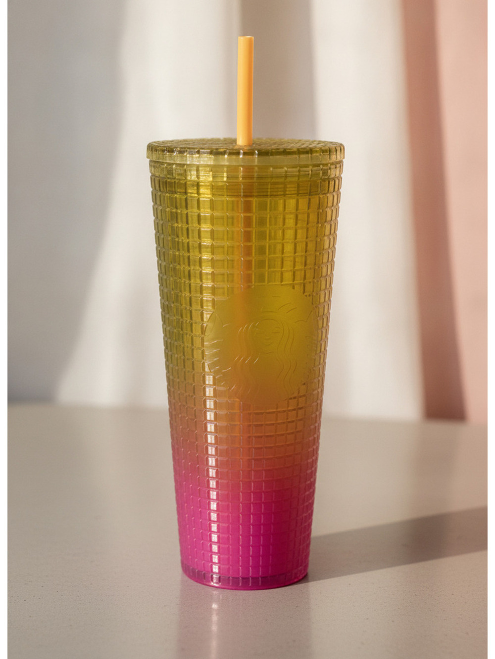 Starbucks 24 oz Gradient Yellow to Pink Textured Plastic Tumbler with Straw